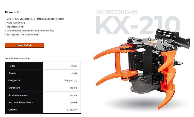 KX-TreeShears KX210 KX280 KX350 Fällgreifer Energieholzgreifer Baumschere Holzschere Greifer Bagger